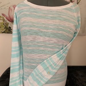 light teal and white striped thin long sleeved top